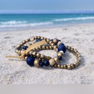 Handcrafted Boho Gold Tone Lapis Wood Beaded Stretch Bracelet Set